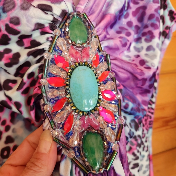 Venus 💜 Animal Floral V Neck Dress A Line Gathered Beaded Ruffle Stretch Medium - Picture 7 of 11